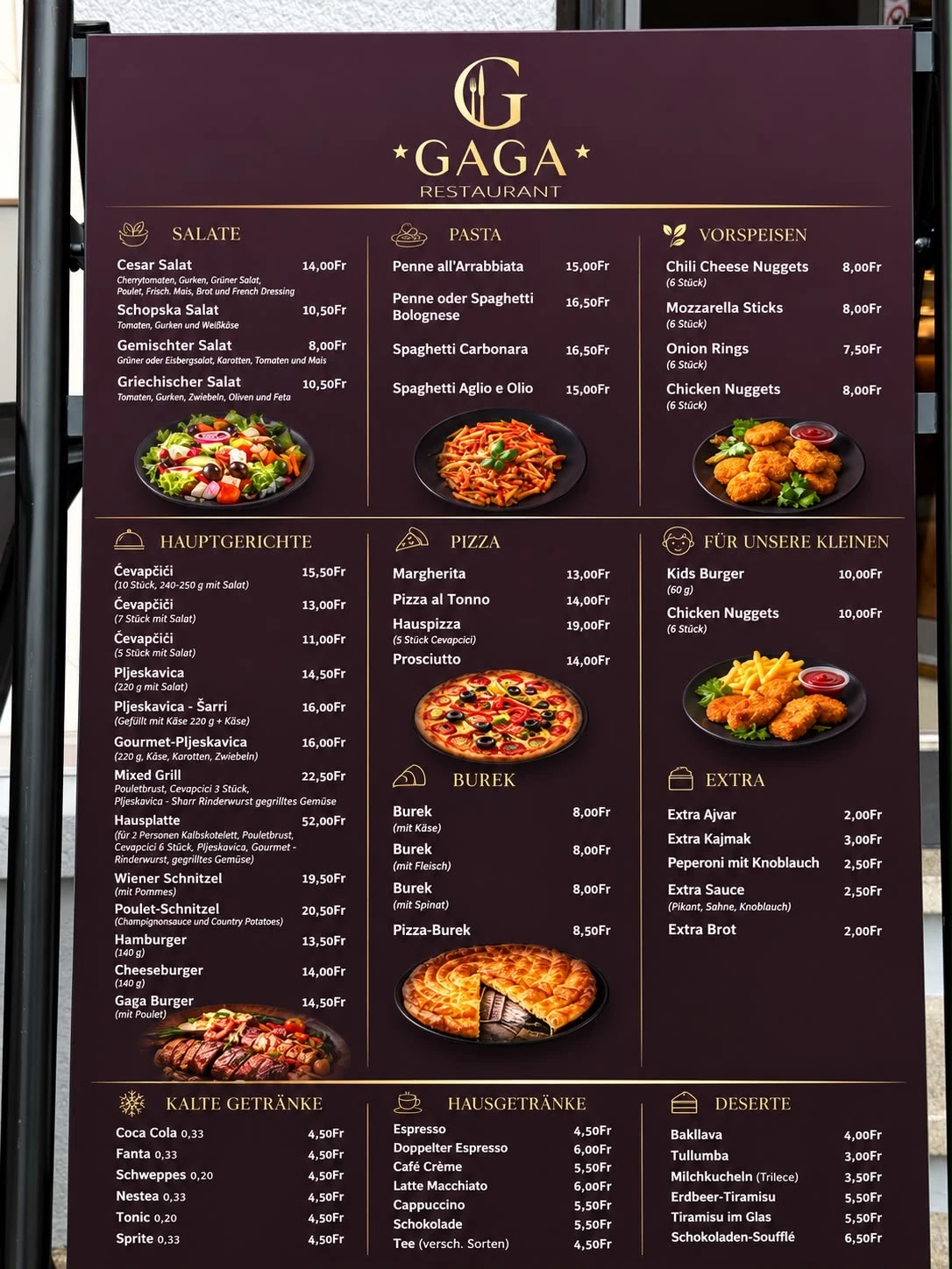 GAGA Restaurant aktuelle Speisekarte mit Gerichten und Preisen